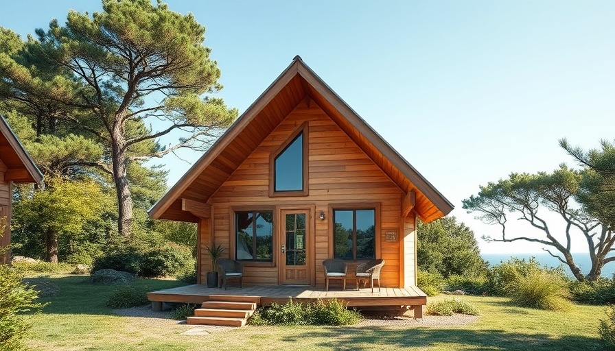 Low impact coastal cabin with metal roof surrounded by trees.
