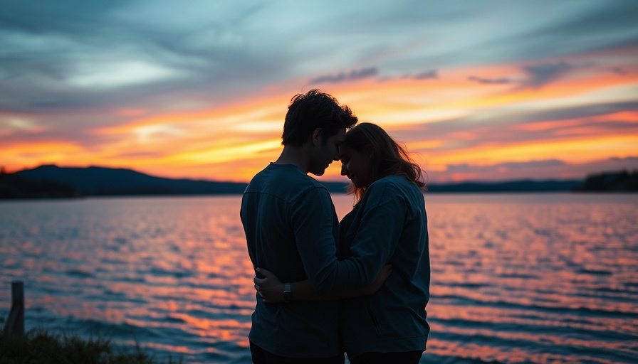 Romantic novel cover with couple by sunset water.