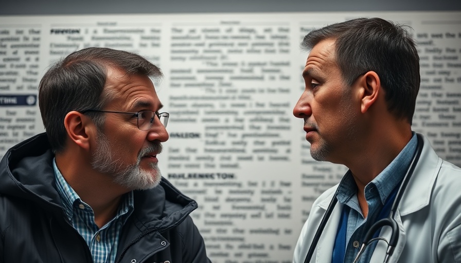 Discussion about medical challenges featuring two men, spine illustration.