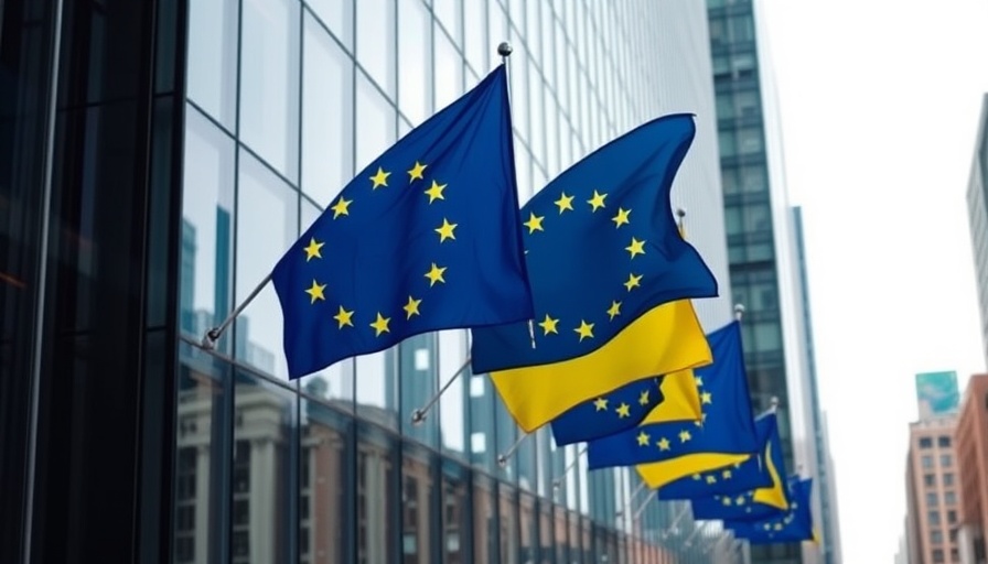 European Union flags on a corporate building representing trade investment services for business growth.