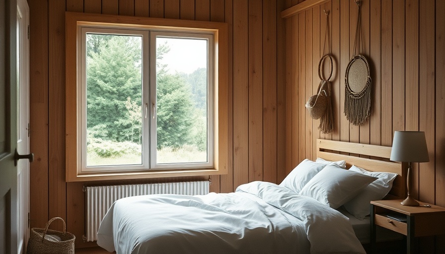 Modern Danish summerhouse interior with wooden walls and cozy decor.