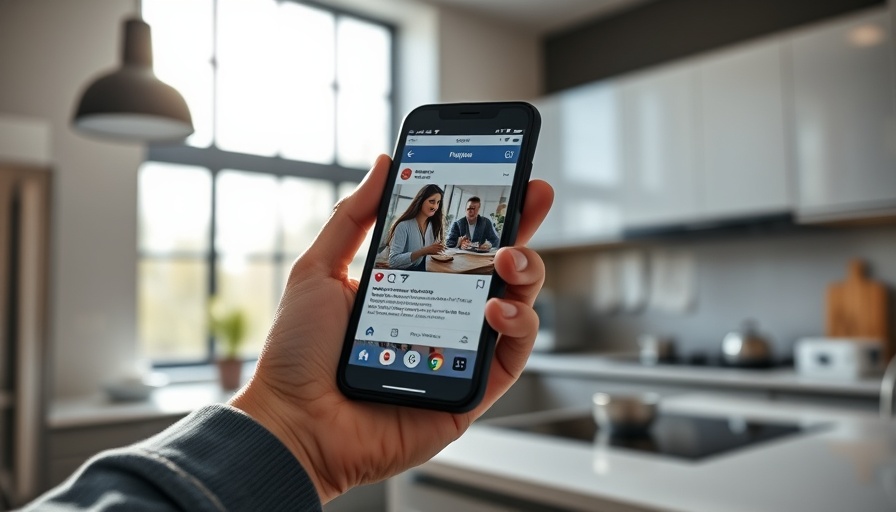 Hand holding smartphone in kitchen, displaying social media app.