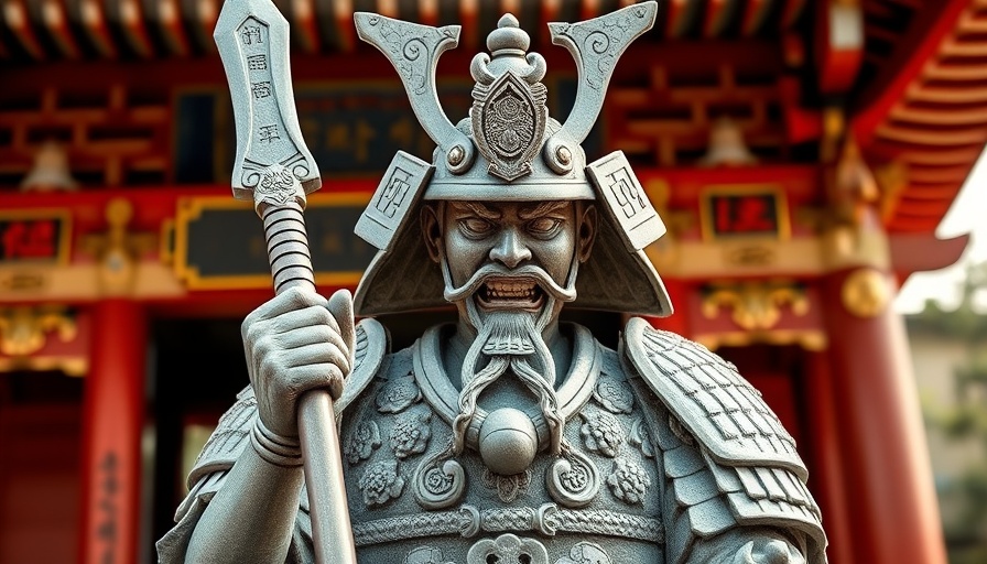 Stone samurai statue in traditional Southeast Asian temple setting.