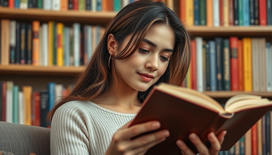 Young woman enjoys reading, surrounded by colorful books, in cozy setting.