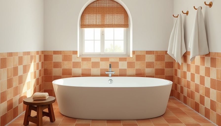 Minimalistic sunk bath trend bathroom with terracotta tiles and natural light.