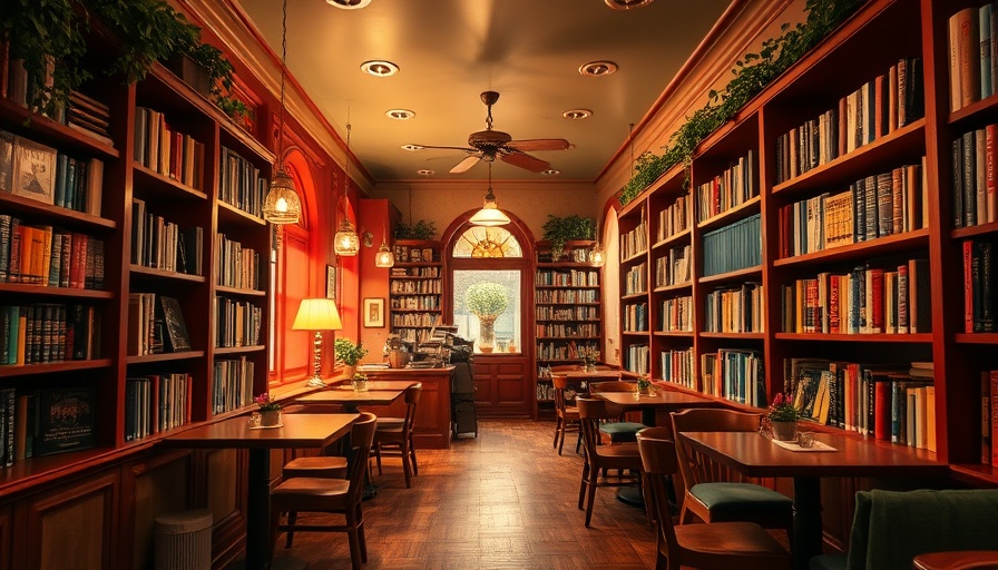 Cozy cafe interior with warm colors and bookshelves.