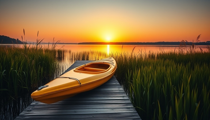 Tranquil scene of a kayak at a dock by a river under sunset.