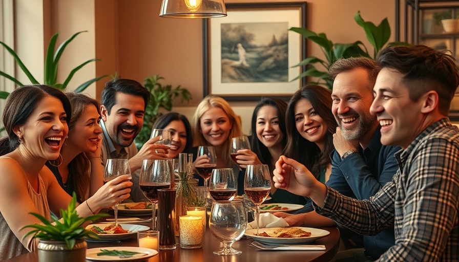 Group of people engaging at a lively dinner, business growth capital meeting.