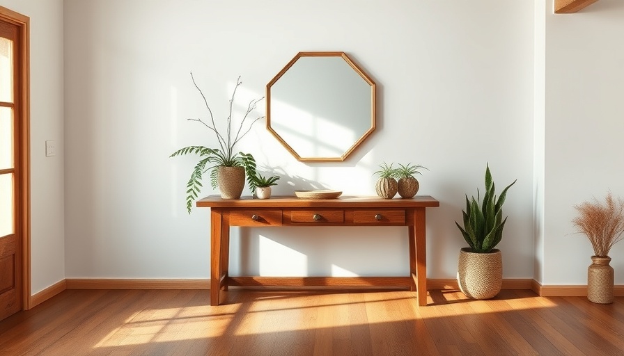 Current Home Trends: Minimalist rustic room with wooden table and mirror.