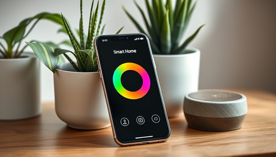 Smartphone with smart home controls on wooden desk, smart home device updates.