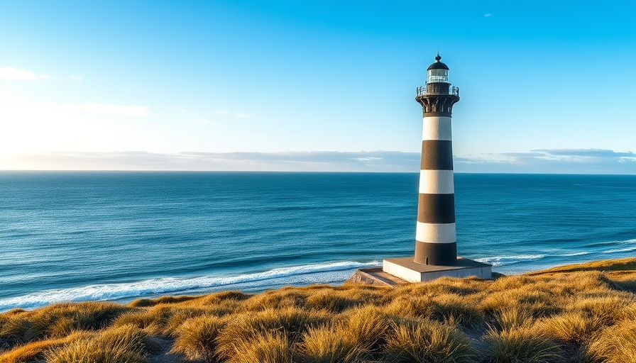 Serene coastal lighthouse scene with clear sky and calm waves.
