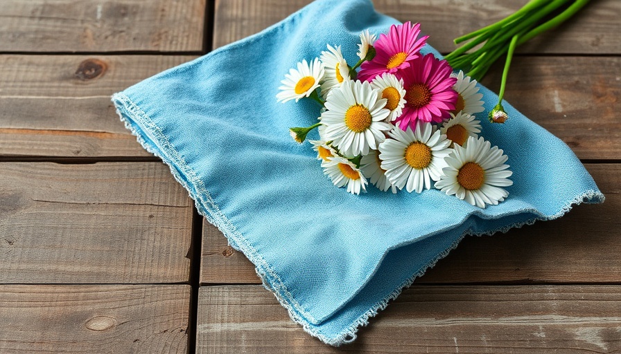 Best kitchen towels souvenirs: Vintage blue towel and daisies on wood table.
