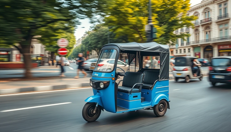 Modern electric rickshaw in Indian city, representing India climate tech investment.