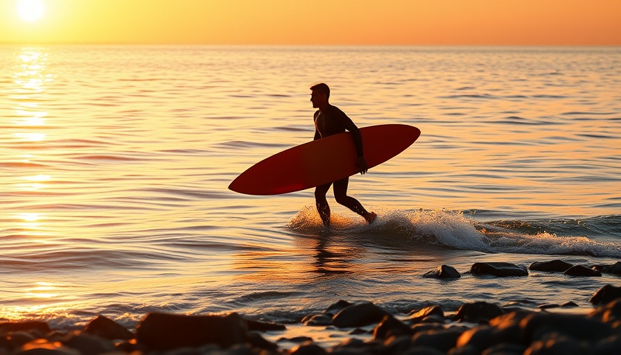 Surfer at Cabo surfing spots during a vibrant sunrise.