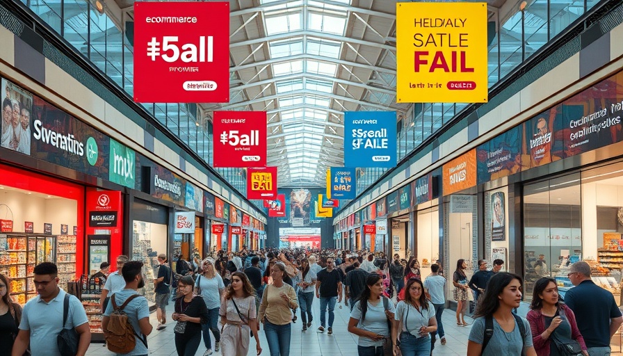 Vibrant shopping mall with diverse shoppers highlighting e-commerce sales growth.