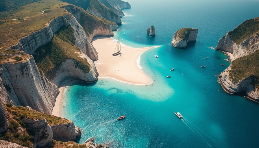 Aerial view of Lover's Beach and Divorce Beach with safety guide.