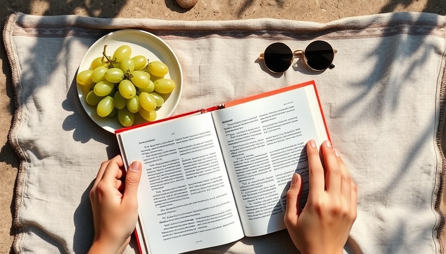 Open book being read on a cloth with grapes and sunglasses, serene outdoor setting.