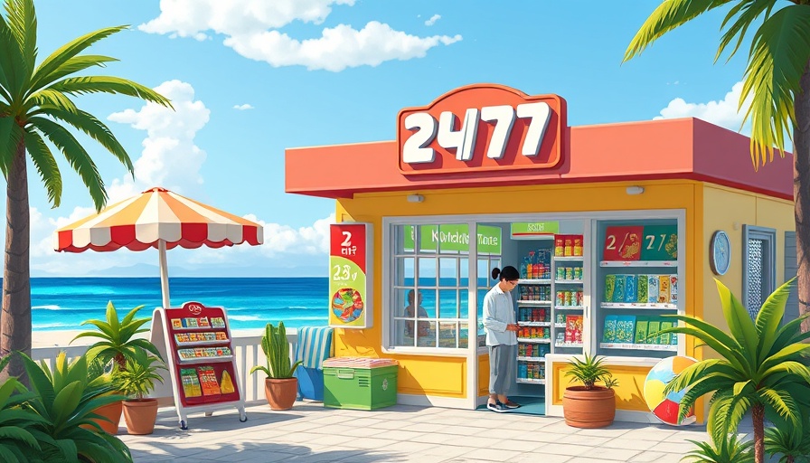 Vibrant seaside convenience store with inviting exterior.