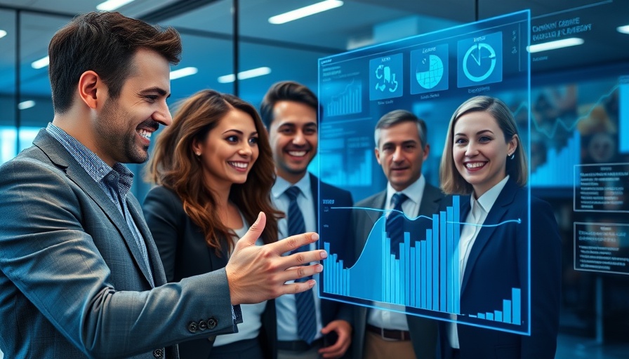 Business team analyzing holographic charts in a modern office for AI voice agents.