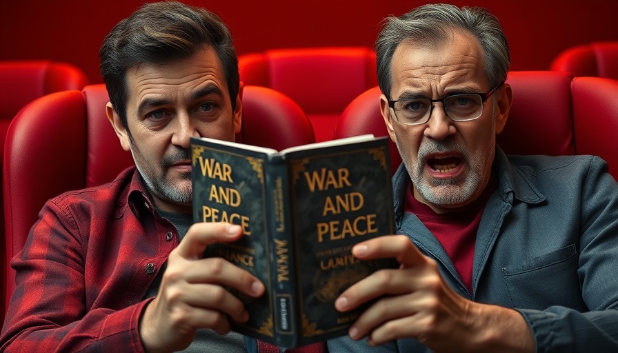 Man with contrasting expressions reading 'War and Peace' in a red chair.