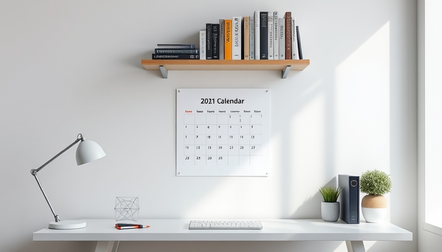Minimalistic desk with calendar, shelf, and books; exclusive discounts for school supplies.