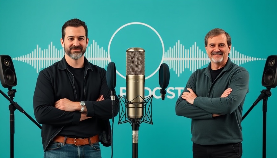Fujitsu General America podcast hosts on teal graphic with microphone.