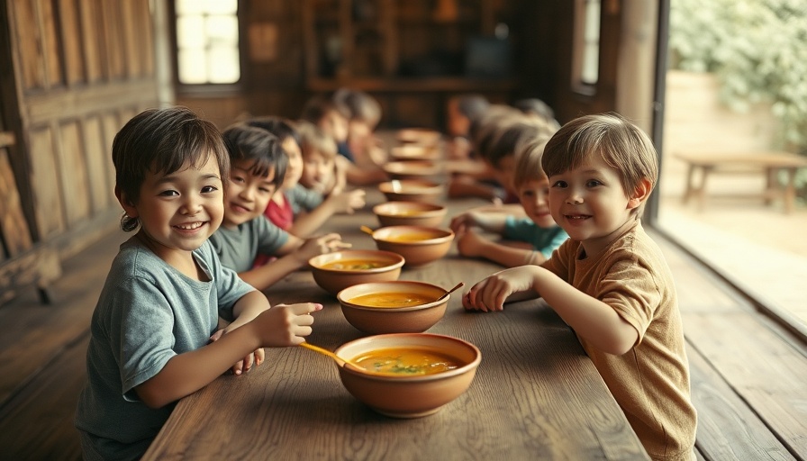 Vintage photo of kids sharing soup, community theme.