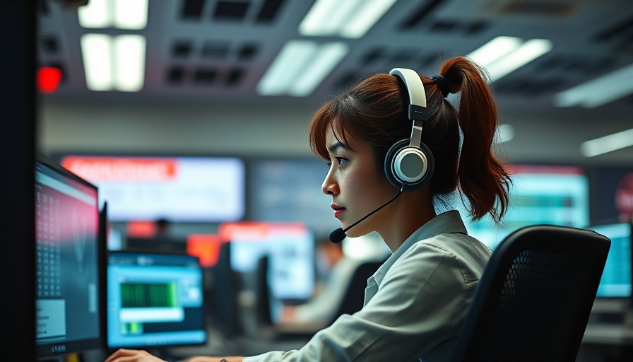 Woman using AI technology in an emergency call center.