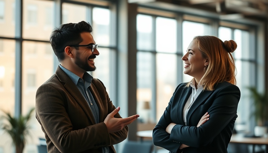 Two colleagues discussing AI revolution in legal services in modern office.