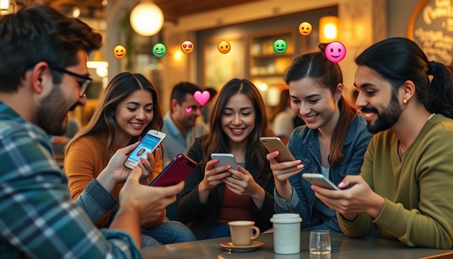 Group using smartphones with social media emojis floating around.