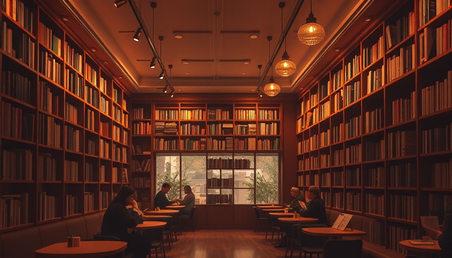 Cozy cafe with bookshelves and subtle silhouettes in soft light.