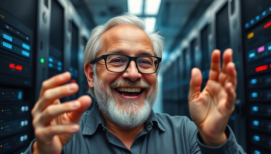 Smiling man in data center gesturing about Nvidia AI Boom Sustainability.