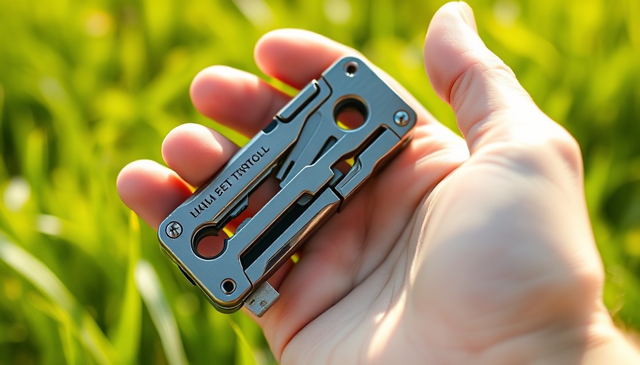 Close-up of a pocket-sized tool in a hand on a green background.
