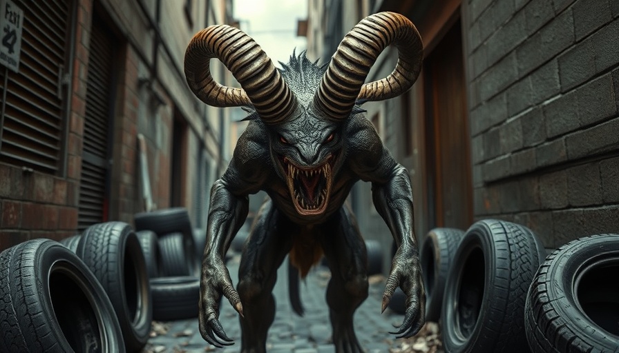 The Toxic Avenger reboot creature in urban alley.