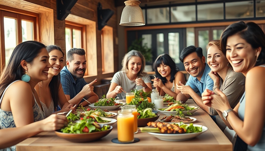 Diverse group enjoying healthy meal, emphasizing gut health and carbohydrates.