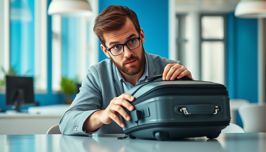 Innovative carry-on bag examined by a man in a modern office.