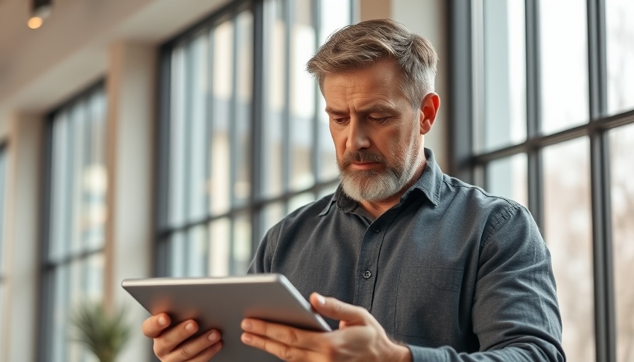 Mature man examining tablet in modern interior, natural lighting.