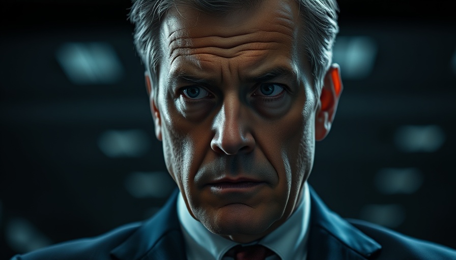 Intense businessman in dark setting, AI trade secrets theft contemplation.