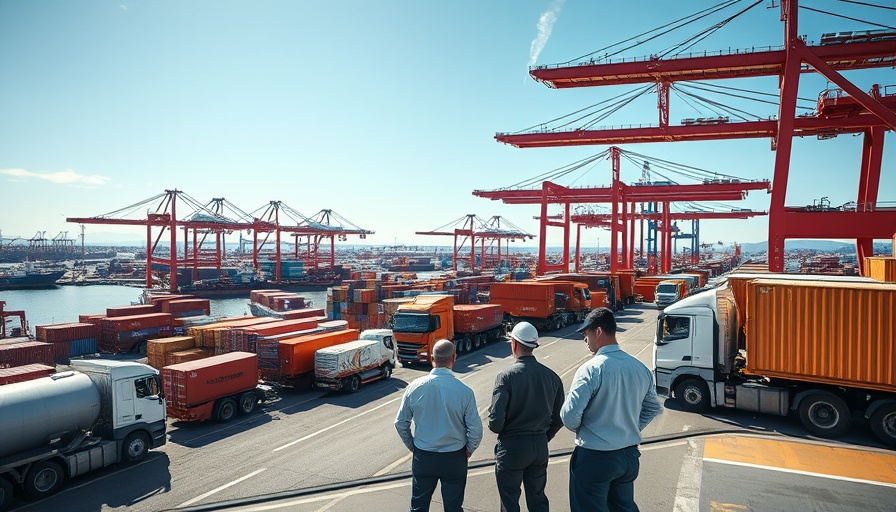 Electronics supply chain reshoring depicted in a bustling port scene.