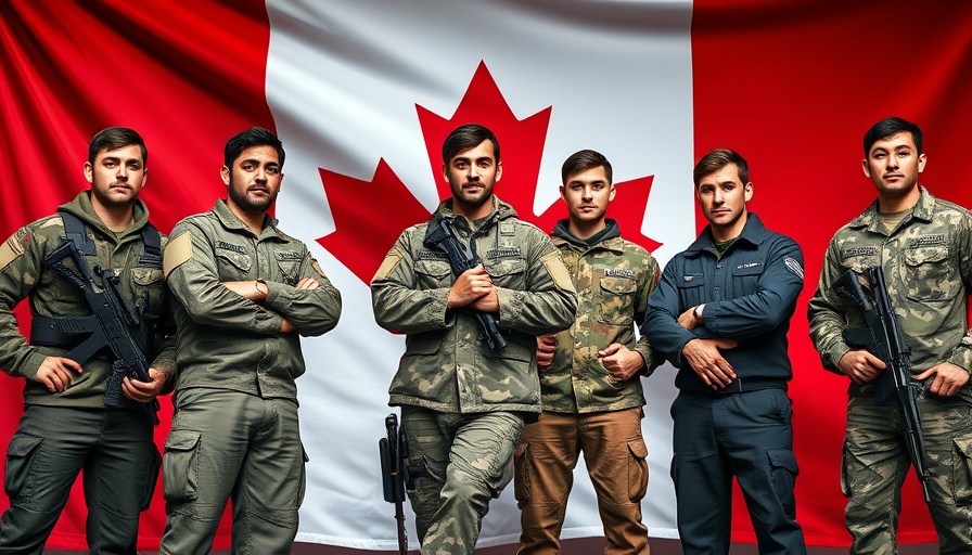 Group of soldiers casually standing in front of Canadian flag; venture capital in defense.
