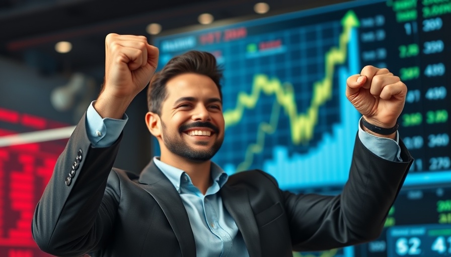 Confident man celebrates stock success with fist raised, digital chart.