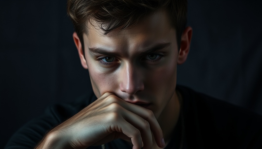 Brooding young man with intense gaze, dark background.