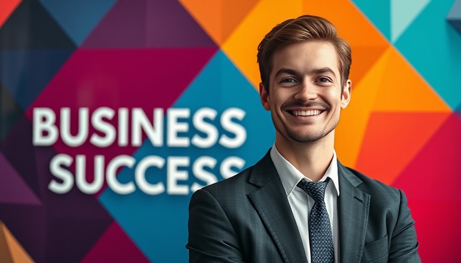 Young man smiling confidently against colorful backdrop of business success.