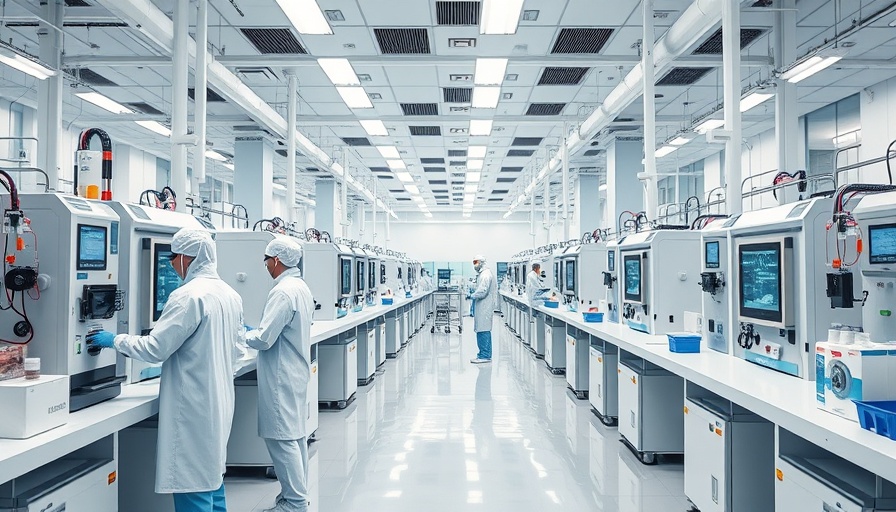 Modern pharmaceutical factory depicting drug manufacturing reshoring.