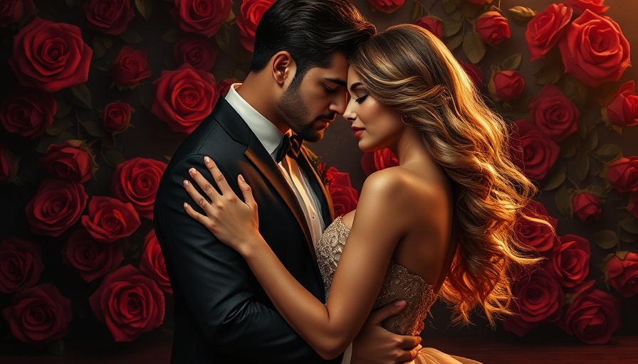 Romantic couple embrace with floral backdrop.