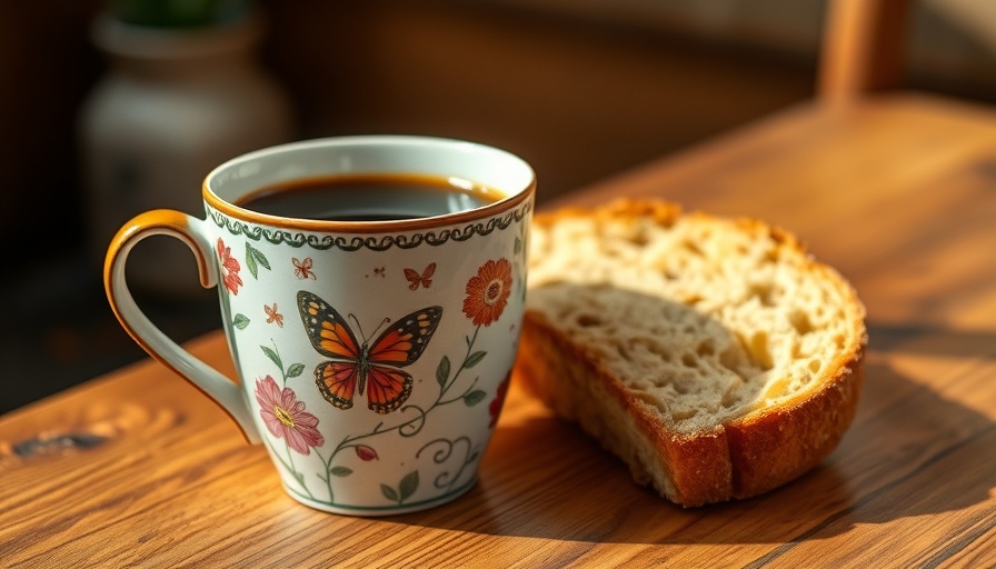 Cup with whimsical design and slice of fresh rusk on wooden table.