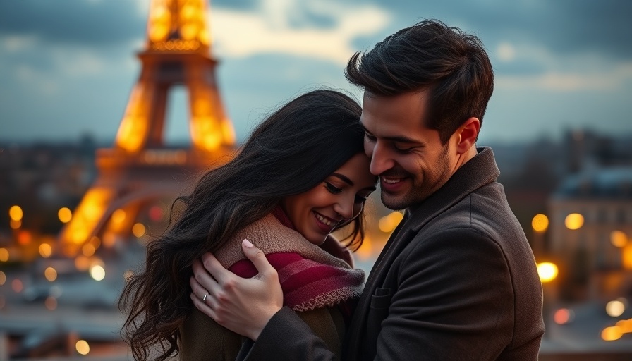 Romantic couple embracing in front of the Eiffel Tower at dusk.