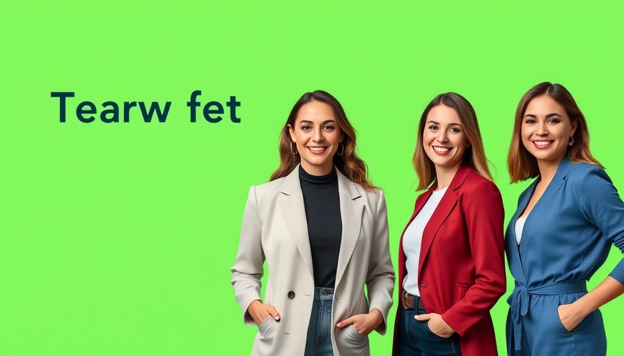 Three women smiling in a promotional setting, vibrant green background.