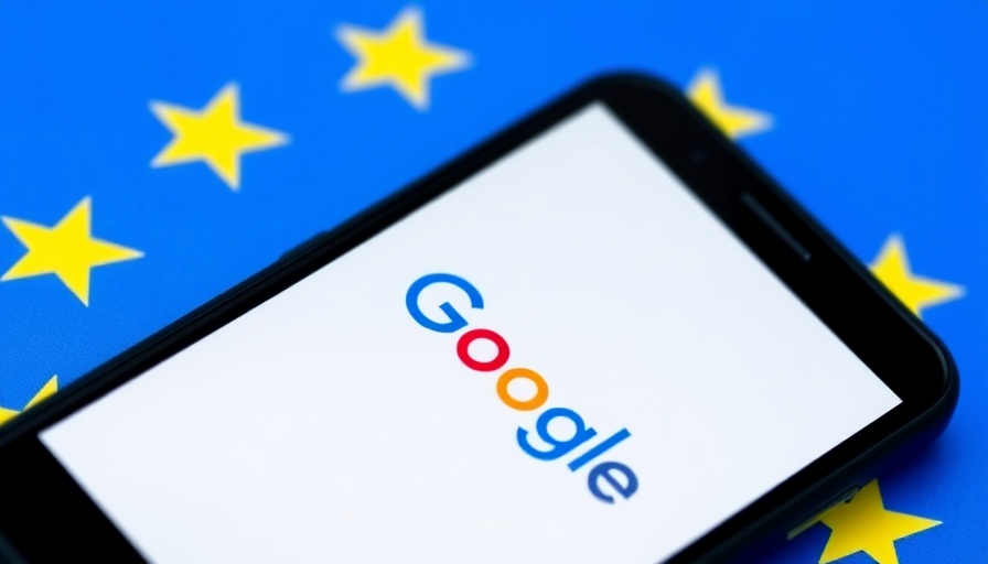EU fines Google: Smartphone with logo on EU flag background.