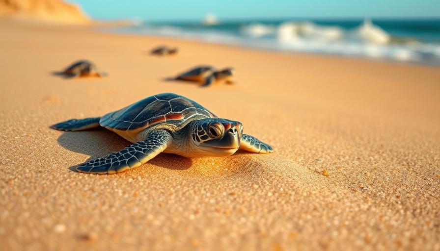 Sea turtle nesting Cabo: baby turtles crawling on sandy beach.